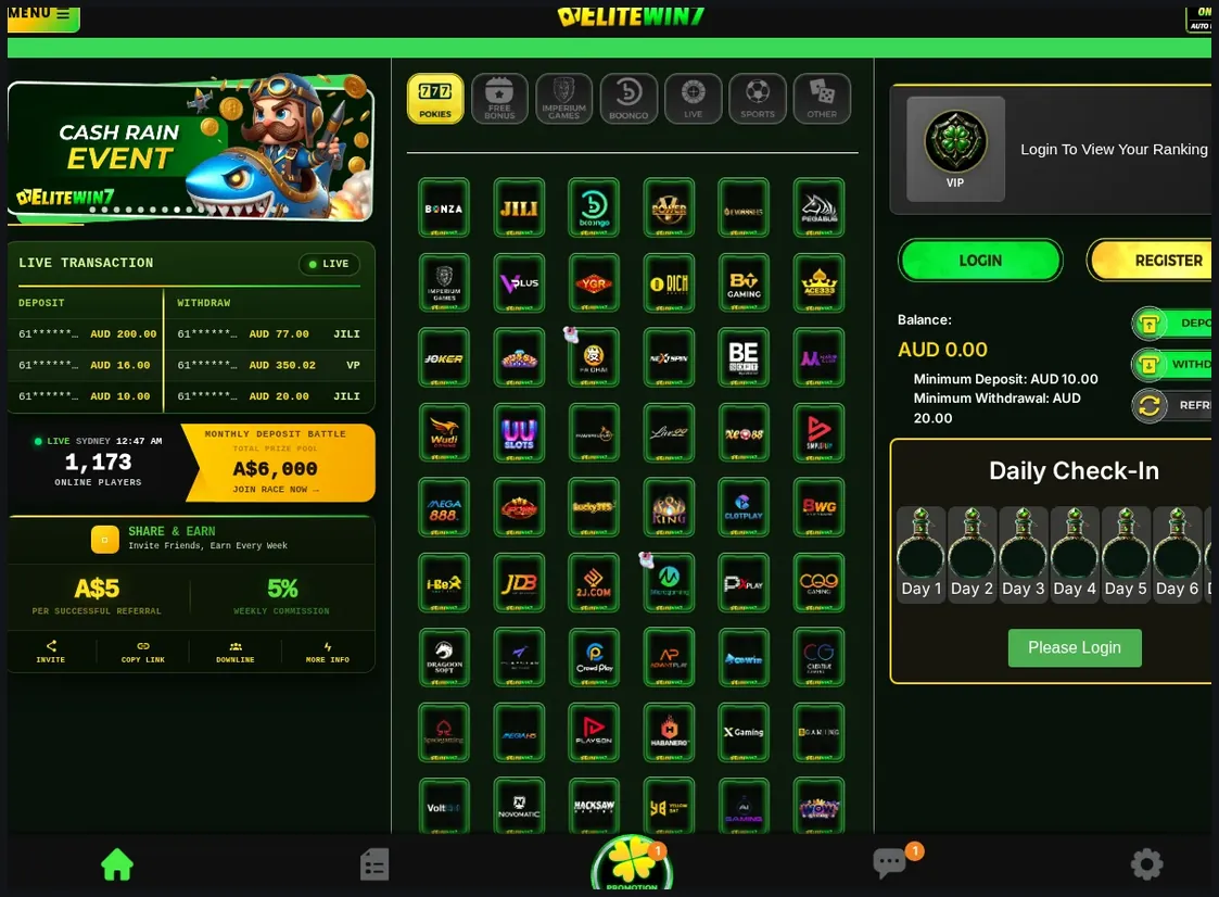 EliteWin7 casino home page, game provider grid with "POKIES", "FREE GAMES", "IMPERIUMGAMES" tabs, 19.10.2026