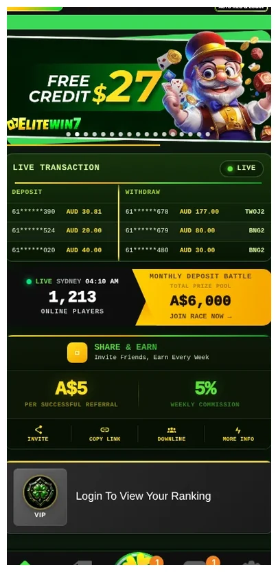 EliteWin7 mobile home page, "FREE CREDIT $27" banner and live transaction feed, 19.10.2026