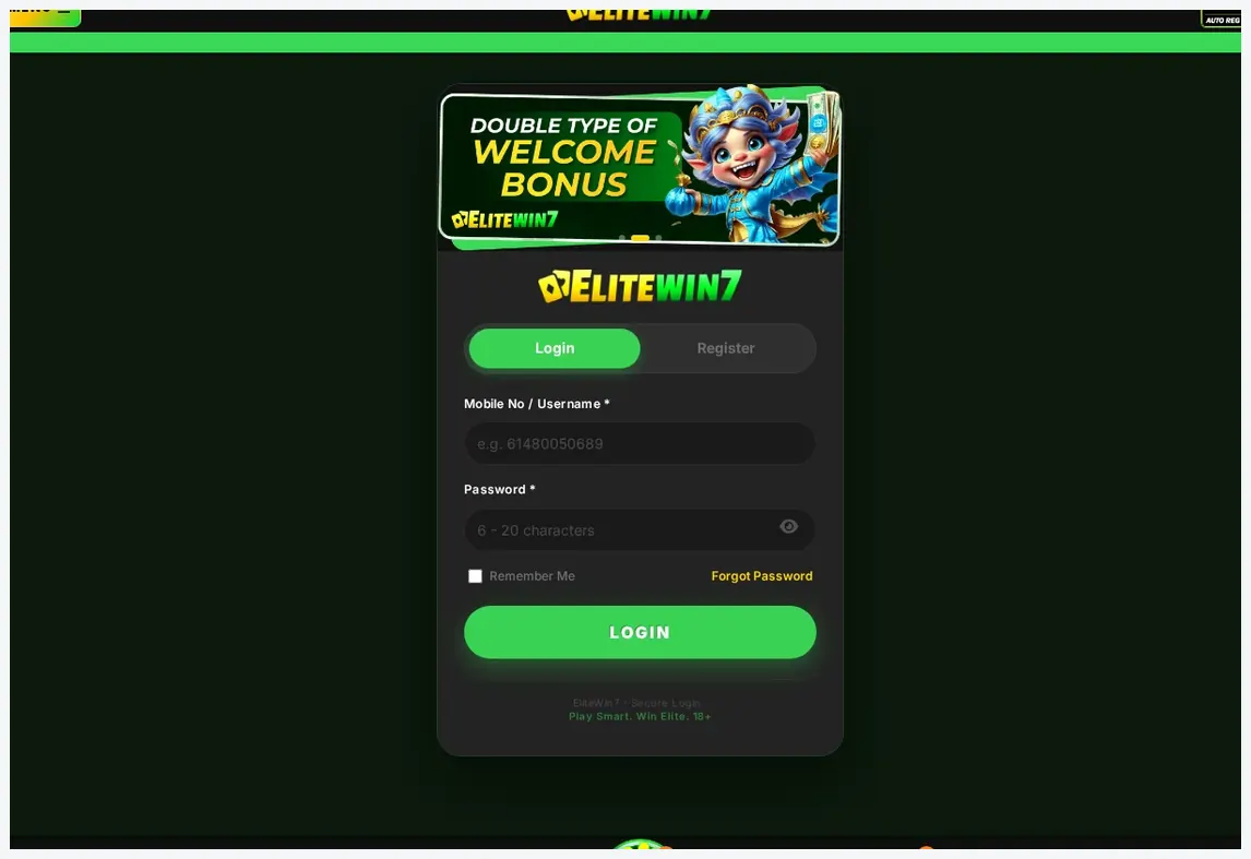 EliteWin7 login form modal, "LOGIN" button and credential input fields, 19.10.2026