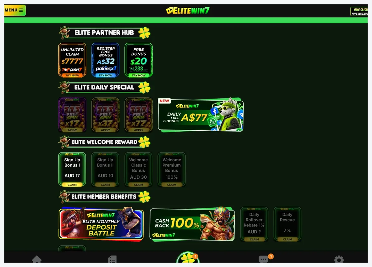 EliteWin7 Promotions and bonuses page, "Elite Partner Hub" with multiple bonus offers and daily specials, 19.10.2026