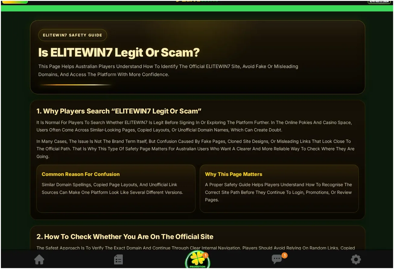 EliteWin7 safety guide page, "Is ELITEWIN7 Legit Or Scam?" header with subsections, 16.10.2026